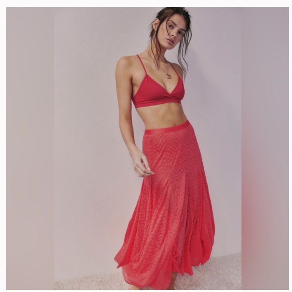 Free People Vibrant Red Kiss Half Slip Lace Skirt